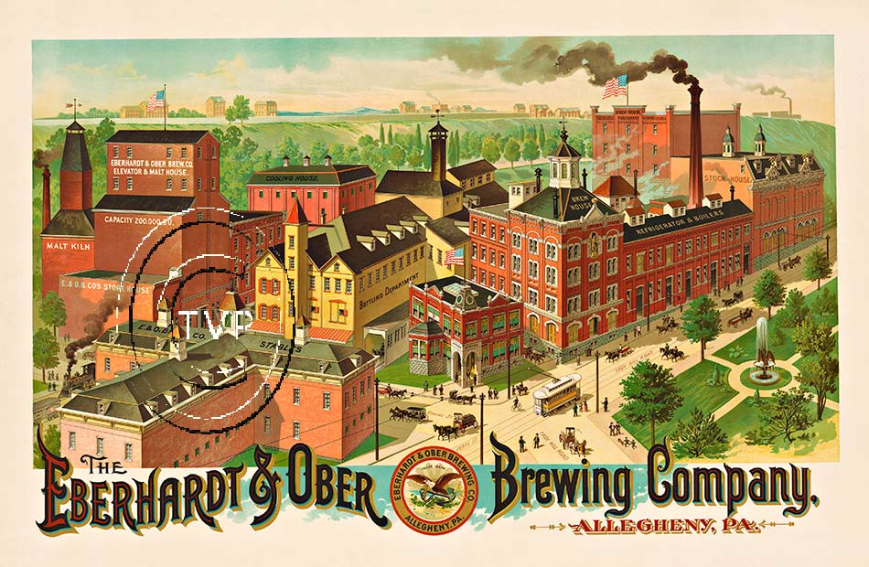 A similar beer poster chromo lithograph for the Eberhard Brewing Company; this one located in Allegheny, PA. The recreation is available in the matching horizontal size as a matching size. Mastered directly from the original.