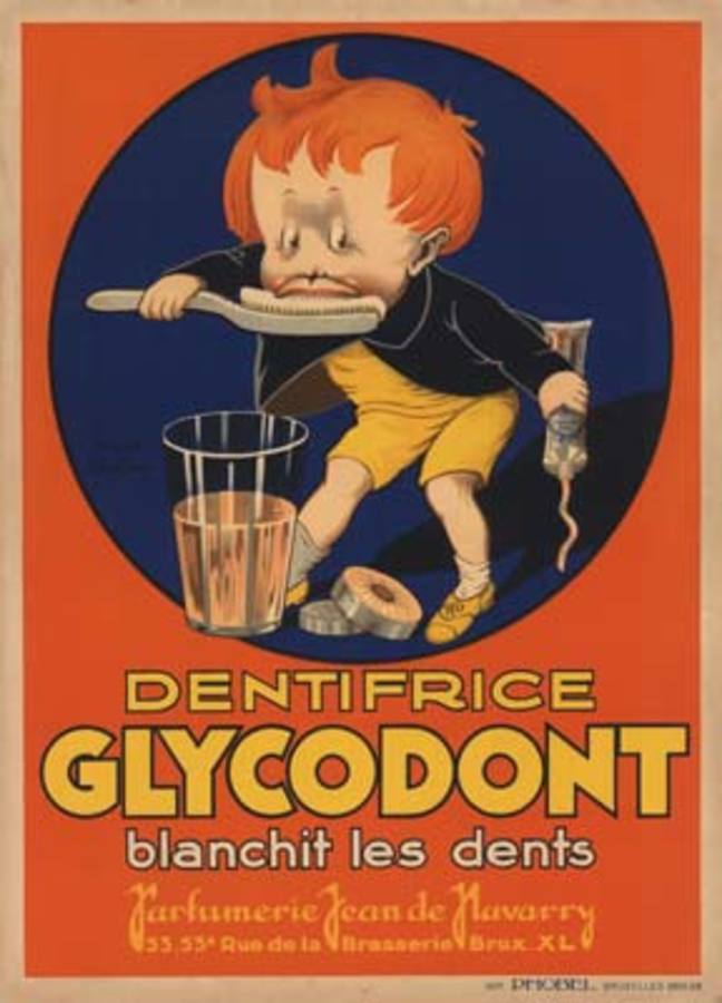 Great bathroom image created directly from the original vintage poster. Dentifrice GLYCODONT blanchit les dents. Smaller format image but created with all the fine detail that you would see if you owned the antique original. Also available on canvas 
