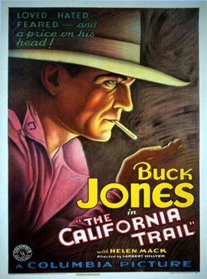 One of Buck Jones' finest movie posters, California Trail. Lighting his cigarette at night; this fabulous design is one of the rarer Buck Jones posters. Archival Ink. May be resized to a smaller image upon request.