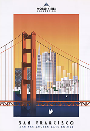 ORIGINAL San Francisco travel poster printed in 1999 by artist CARLO TRAVERSI. The poster is on white glossy paper, and in great condition. The Golden Gate Bridge with the skyline of San Francisco.