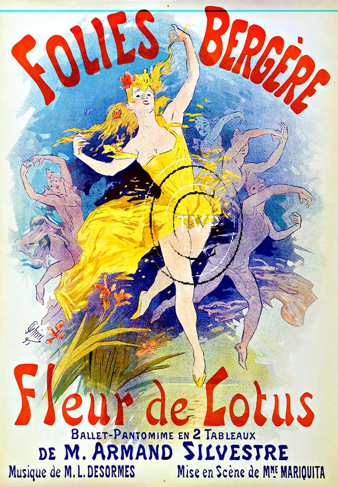 Fleur de Lotus Folies Bergere. Beautiful detailed reproduction created directly from the original. Dancer with ghosted dancers in the background. Turn of the Century light and airy design. <br>Printed on acid free 230-250 gm acid-free paper with 1