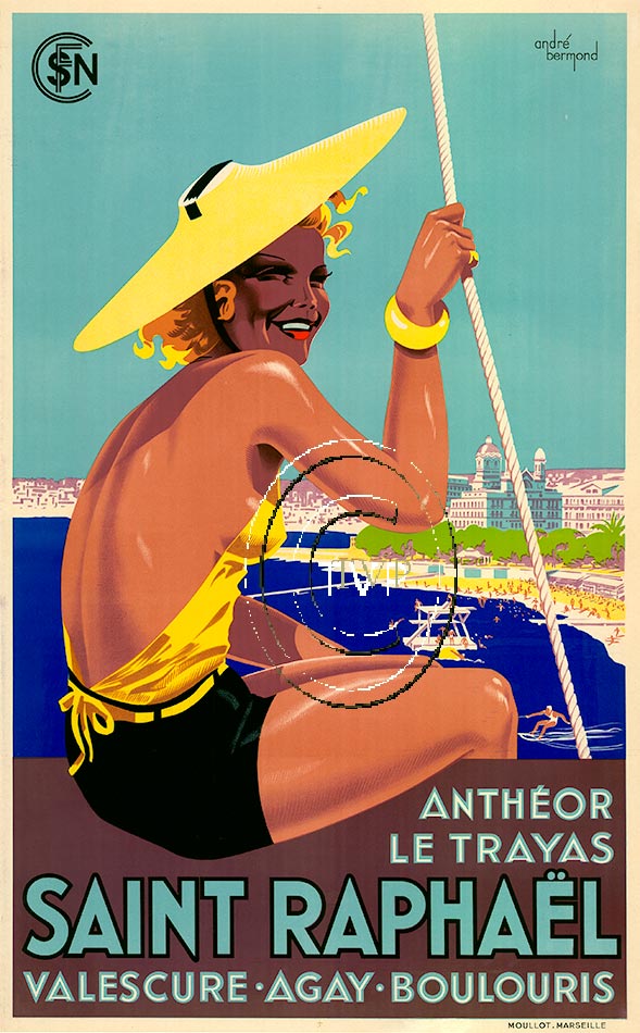 SAINT RAPHAEL, French travel poster to the beaches. This sun tan beauty sitting on the beach is a great travel image great for any collector. <br> <br>Printed on acid free 230-250 gm acid-free paper with 100+ year archival ink. Optional additional s