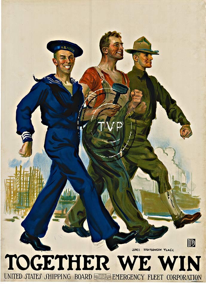Together We Win. The Navy, the factory worker, and the sergeant work best hand in hand (or arm in arm). This is a World War 1 image propaganda poster from the man who brought you the first "I Want You" Uncle Sam image. The colors are bright and vivid. 