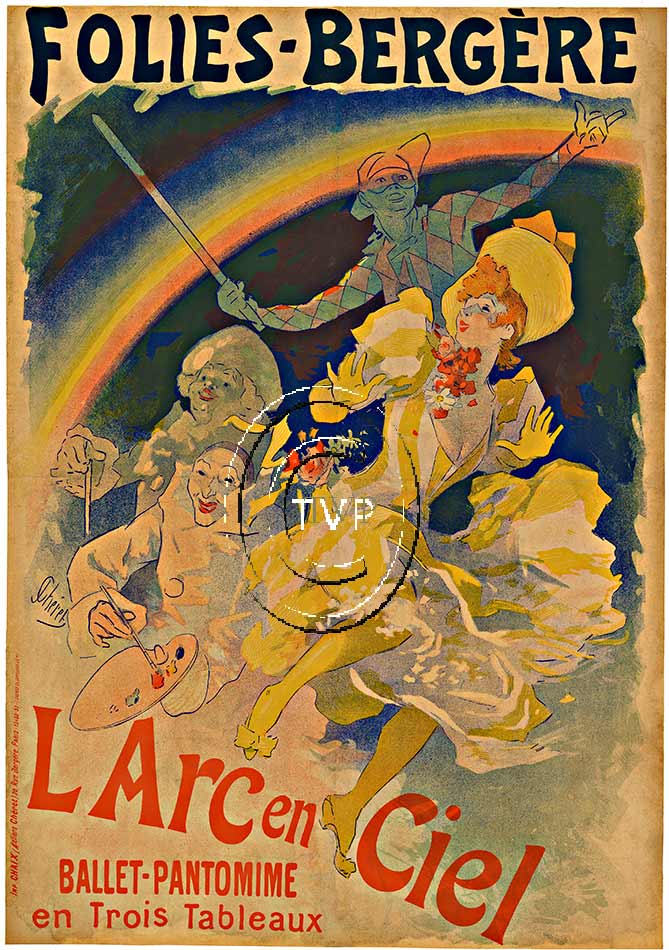 Folies Berger - L'Arc en Ciel. Mastered from a one to one recreation of the original antique 1893 original Cheret poster Folies Berger L'Arc en Ceil (Rainbow). With the original of this vintage poster ranging close to 10K; this decorative print allows