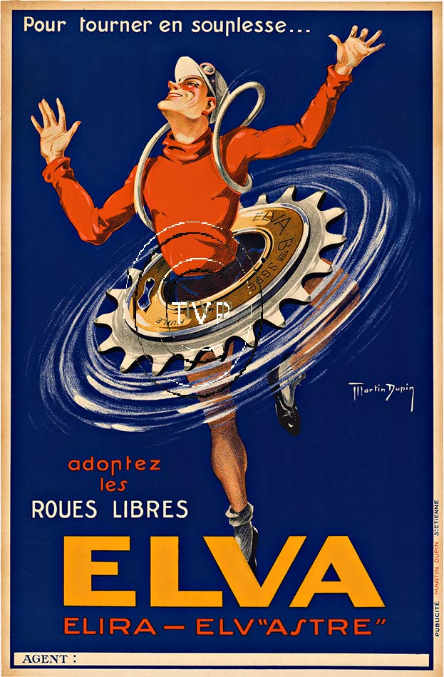 ELVA. A bicycle gear circles his waist and he is joyous. Great cobalt blue background and vibrant red brings this image to life. A rare image for bicycle enthusiastic and bicycle poster collectors. <br>Printed on acid free 230-250 gm acid-free paper