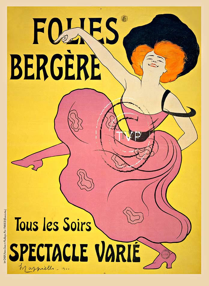 FOLIES BERGERE. Spectacular R-1901 Folies Berger Cappiello. Printed on acid free 230-250 gm acid-free paper with 100+ year archival ink. Optional additional sizes available as well as print on fine American art canvas. The watermark does not appe