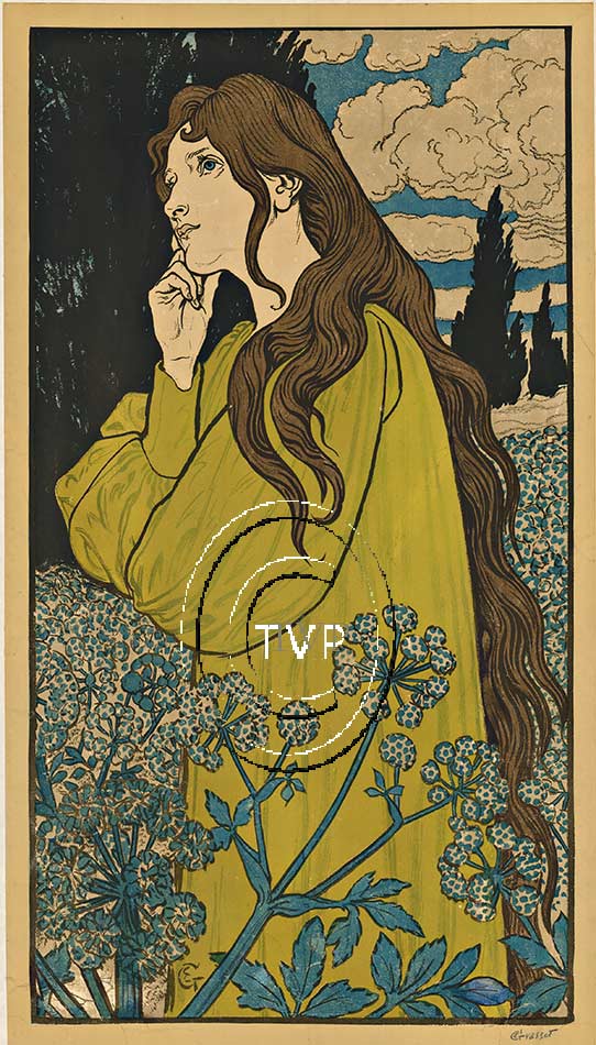Eugene Grasset Woman and Flowers, Meditation. <br>This turn of the century image is mastered directly from a 1 to 1 file of an original stone lithograph this recreation provides you with all the fine details that you will see in the antique original. <