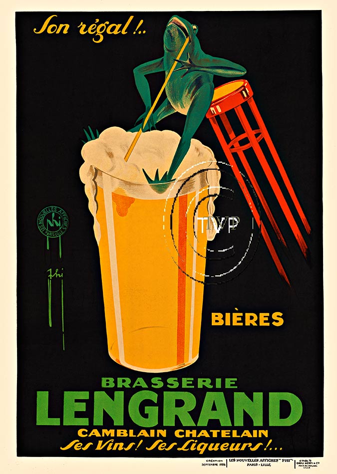 Great bar image with the green frog sipping beer through a straw. Perched high up on a stool so that he can enjoy a huge glass of cold Lengrand Beer (Bieres). The image was created in 1926 by the artist know only with the initials FHI and the signatur