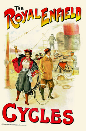 Gorgeous reproduction of a very early bicycle poster. She is standing at the harbor with her new Royal Enfield Cycle watching as other new bicycles are crated and shipped. Available in the one to one original size of 42 x 63" on fine watercolor paper