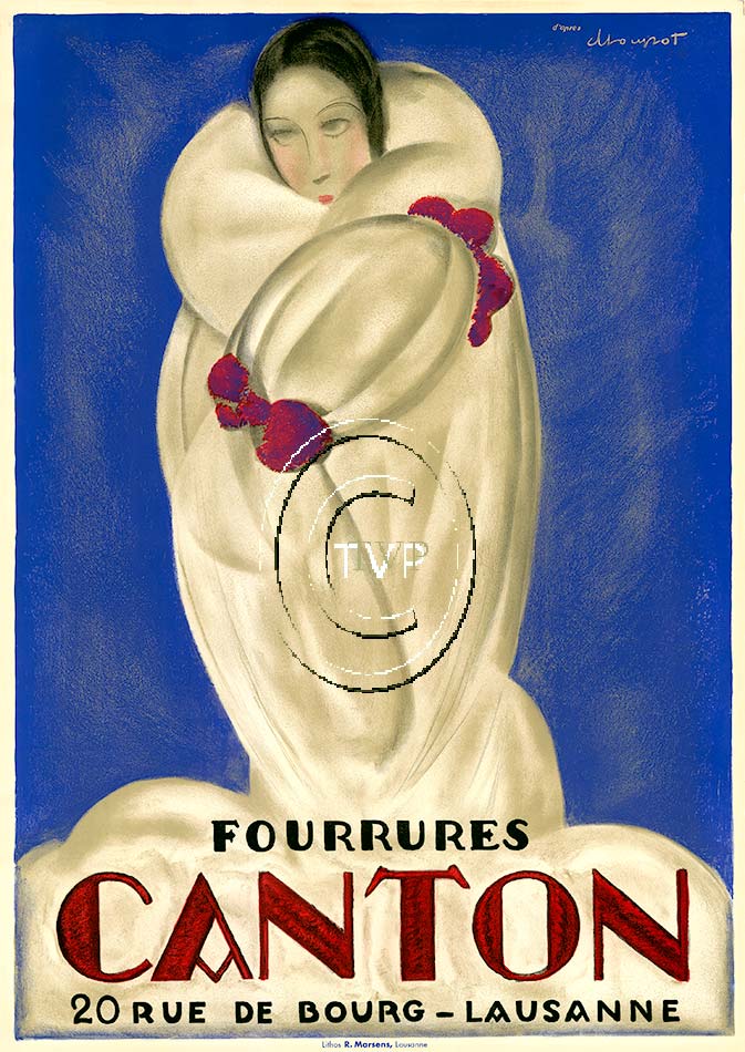 Canton Fourrures. Mastered giclee print from an antique original. Canton Fourrures 20 Rue de Bourg - Lausanne, Switzerland. Loupot's talent soon became obvious, and the number of commissions he received after 1918 for fashion and luxury goods makes it