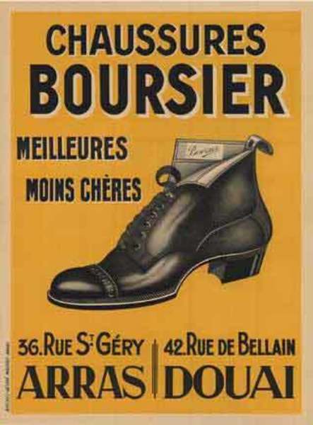 Chaussures Boursier. Meilleures Moins Cheres. 36 Rue St. Gery Arras or 42 Rue de Bellain Douai. Recreation from the antique lithograph. <br>Mastered directly from a 1 to 1 file of an original stone lithograph this recreation provides you with all the 
