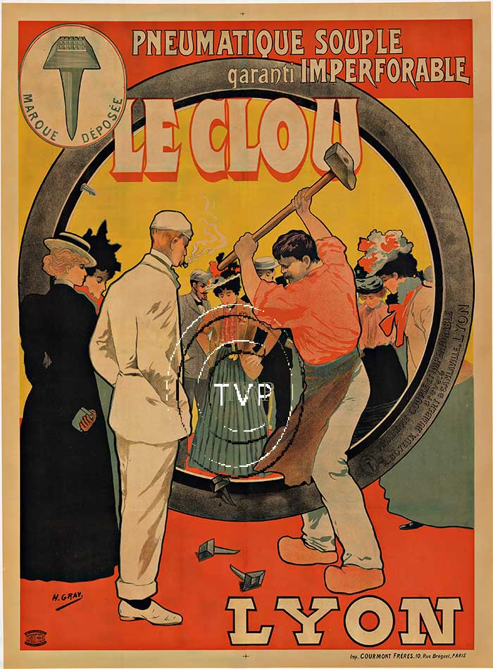 Tire problems; well not is you use Le Clou tires for your bicycle. As this re-creation shows this man trying to drive a spike into the tires and how puncture resistant they are. A turn of the century company in Lyon, France. Created directly from th