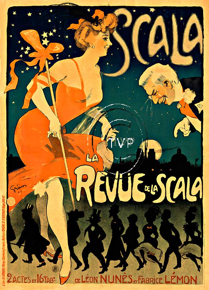 SCALA Revue de la Scala. This is a re-creation of the rare large oversize version of Grun's Scala. Original printed in the 1906 by CH. Verneau. The antique original was a stone lithograph printed for a show in 2 Actes et 16 Tableaux. The fine detail