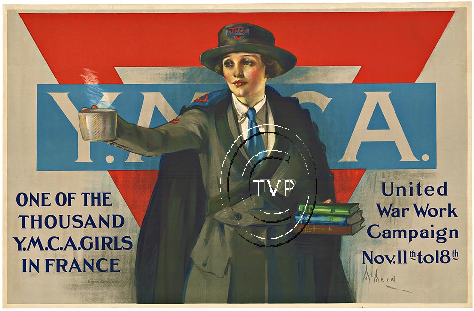 Y.M.C.A. One of the Thousand Girls in France. This beautiful World War 1 image of the YMCA girl serving coffee. Bold YMCA logo in the background. <br>Mastered directly from a 1 to 1 file of an original stone lithograph this recreation provides you wi