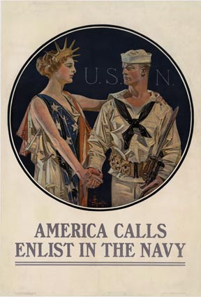 The Statue of Liberty drapped in the American flag shakes the hand of the chisel faces U.S. Navy sailor. This is probably one of Leyendecker's most famous and most sought after original World War 1 posters. The re-creation of this image is done at a 1