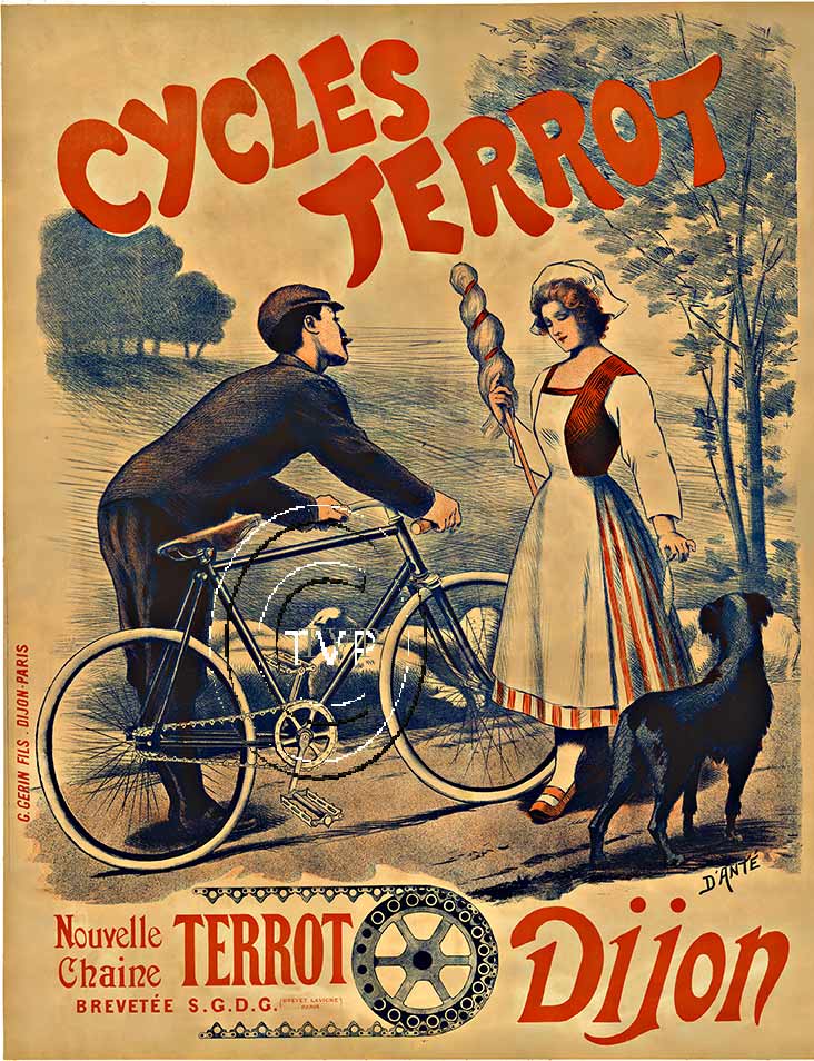Cycles Terrot. This is a great re-creation from a one to one master of this great turn of the century bicycle poster. This young gent on the new Cycles Terrot bike is making a pass at this young maiden. After all; only the well to do could afford t
