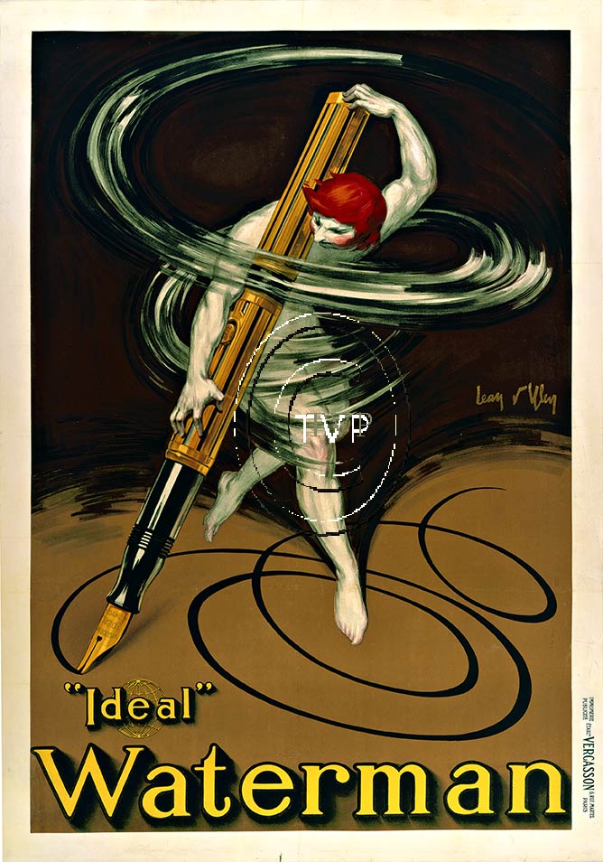 "Ideal" Waterman. Writing with the sweeping mothing of a broom; this is one d'Ylen's finest images created. <br>Mastered directly from an original stone lithograph this recreation provides you with all the fine details that you would expect to see in the