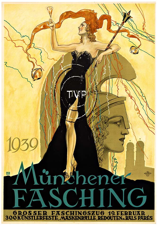 A beautiful recreation of an extremely rare German Mardi Gras in Munich poster. A city of southeast Germany near the Bavarian Alps southeast of Augsburg. Founded in 1158, it has long been the center of Bavaria. Incredible art deco design, and the last 
