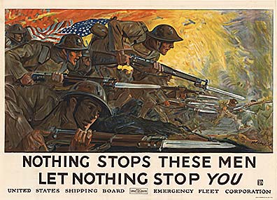 One of the great oversize World War 1 posters; oversize; and horizontal format. Mastered directly from an original this recreation brings all the dramatic impact of these soldiers fighting on the front; the U.S. Flag floating above them as the puch form