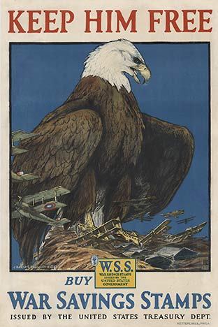 Buy W. S. S. War savings stamps issued by the United States Government. Charles Livingston Bull was the premiere American wildlife artist of his time. This is why you get such a dramatic feeling of this American Eagle grabbing enemy planes from the sky