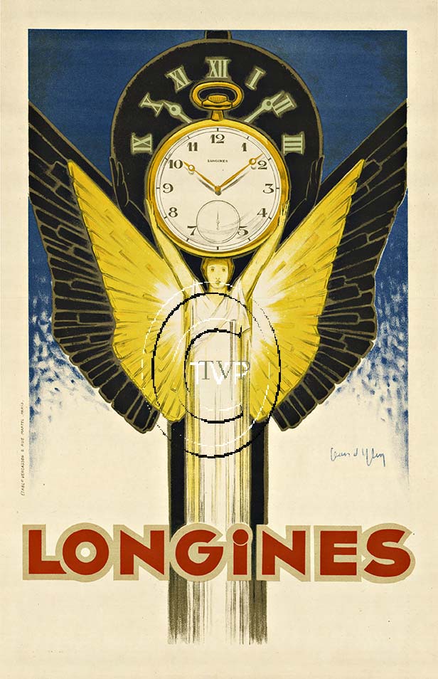 D'Ylen created this great image for Longines featuring an angle holding above her head a gold pocket watch. Outlining the gold wings are a set of black wings and they support the watch ghosted behind the first but using Roman numerals. The rest of the 
