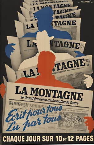 For any journalist or writer; this is a perfect addition for your walls. La Montagne newspaper poster created by Robert Falcucci in the 1930's in a somewhat deco style features red, white, and blue readers of the newspaper as their images are stair-step