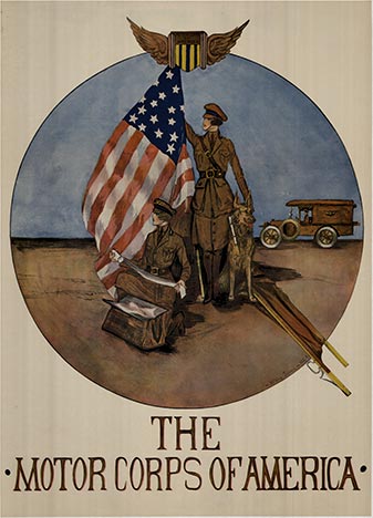 One to one re-creation from the original. Printed using long life archival ink on fine smooth acid free art paper. The Motor Corps of America poster to recruit people in to help, before the US was really involved in the war. The Red Cross organized th