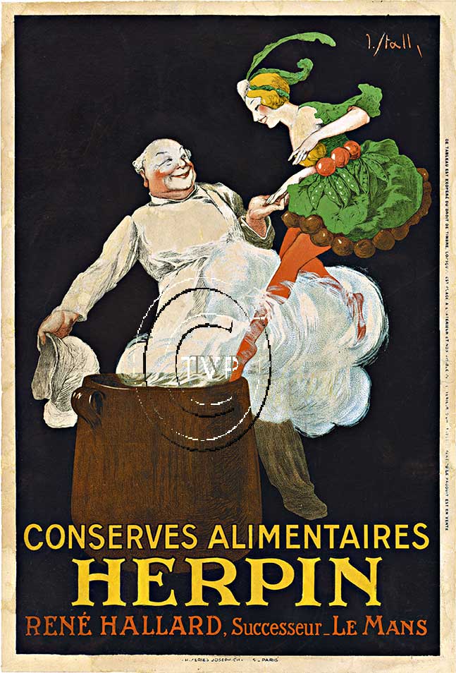 Herpin Conserves Alimentaires. This is a terrific advertisement for making some great soup, done by the incredible I Stall. A happy chef smiles with glee as he helps a lady into a pot of boiling water! But not to worry she is in fact a personification o