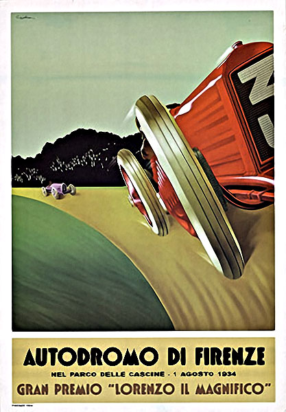 Autodromo di Firenze Gran Premio "Lorenzo Il Magnifico" Nel Parco delle Cascine - 1 Agosto 1934 <br>Available only in this size. Artist: Gavina. Paper poster; not linen backed. <br>This poster is available in only this one size when it was printed 