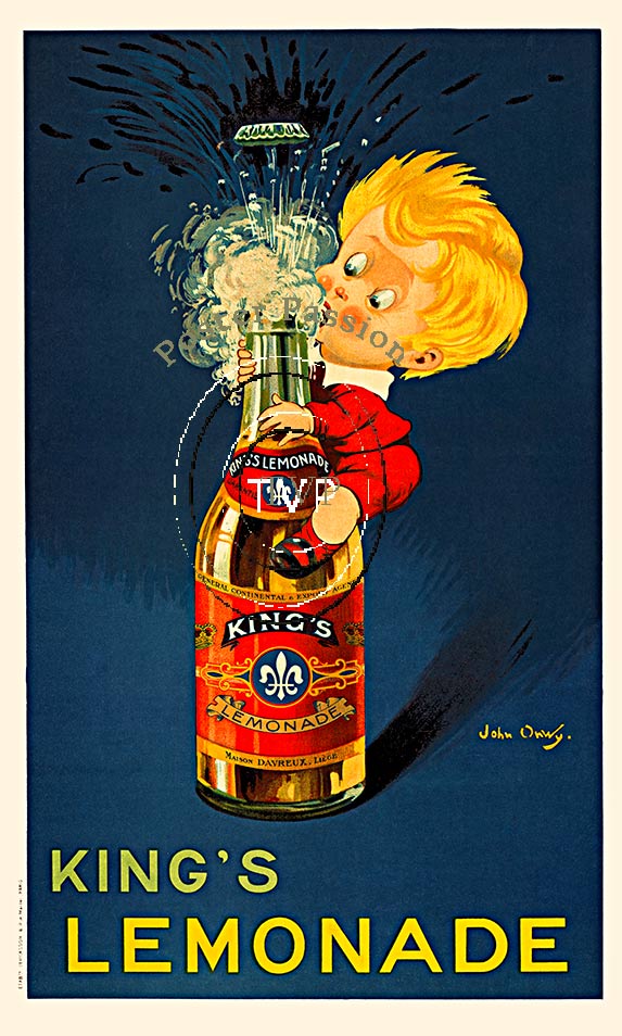 King's Lemonade. Recreation directly from the original King's Lemonade 1920's The little blond haired boy is perched on the side of bottle of King's Leomade as the bottle cap shoots high in the air... Creating a surpised face of excitement. <br>Master