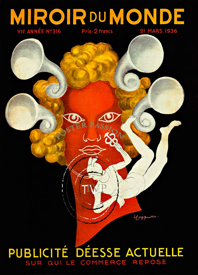 Miroir du Monde. Created by Cappiello in 1936, the image of the blond hair deco woman with horns or trumpets coming out of her hair in reds and oranges, outlined with white. The Greek god flying below her lips with the caduceus in his hand. <br>Master