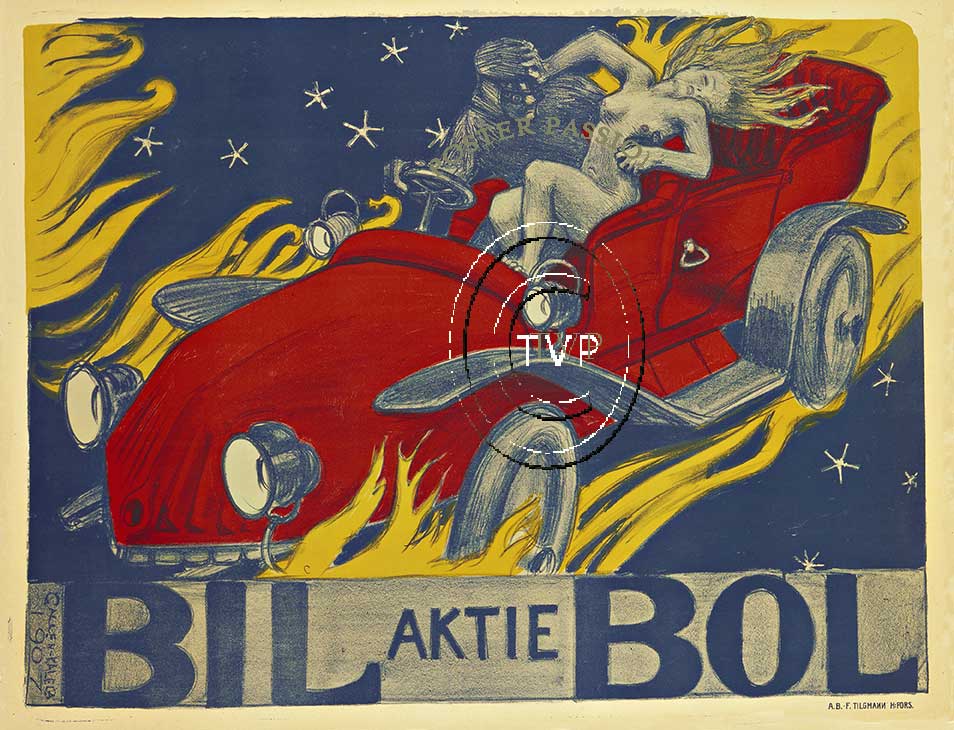 Bil Aktie Bol horizontal turn of the century car poster. Rather risque for the time frame as this driver and his partner heated up with the flames coming down the sides of the car. A great fun conversational piece for any car collector. Gallen-Kallel