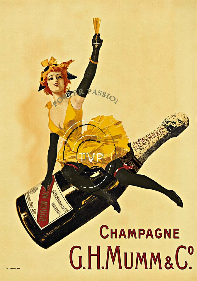 G. H. Mumm & Co. Champagne. A turn of the century poster of a woman riding into the sky holding a glass of Mumm's champagne. <br>. Printed on acid free 230-250 gm acid-free paper with 100+ year archival ink. Optional additional sizes available 