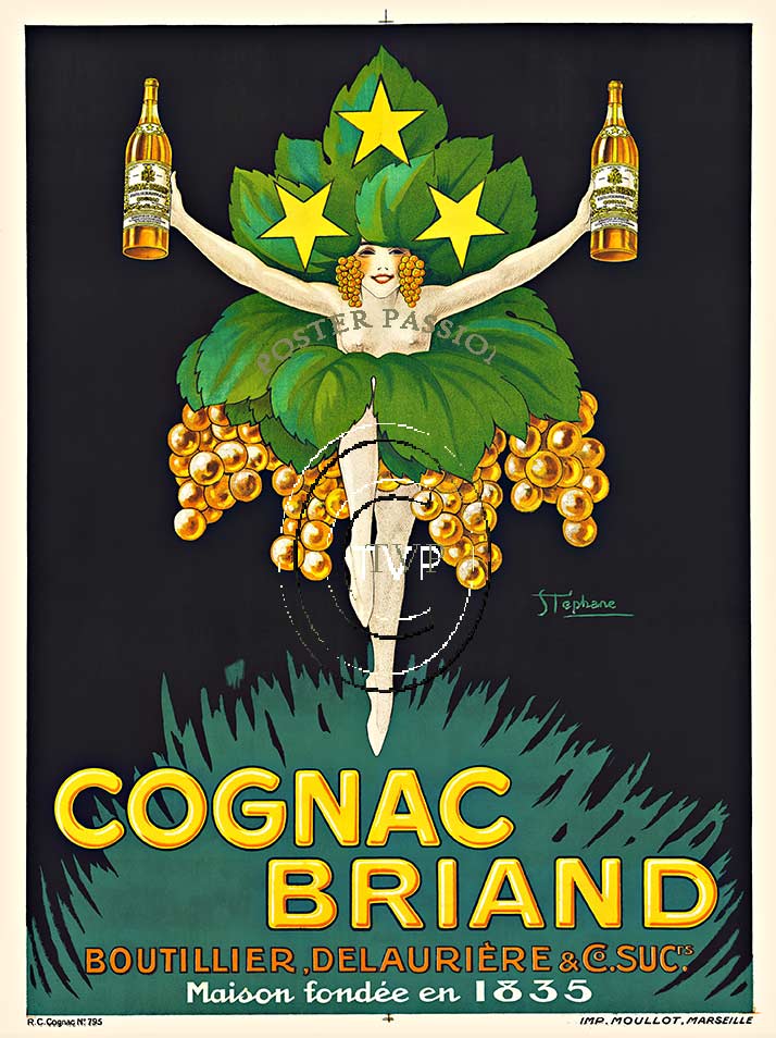 Recreation of the famous COGNAC BRIAND rare antique liquor poster. Master directly 1 to 1 from the original; this fairly topless woman dressed in grape leaves and bunches of grapes holds two bottles of Cognac Briand high in the air. She rests on the w