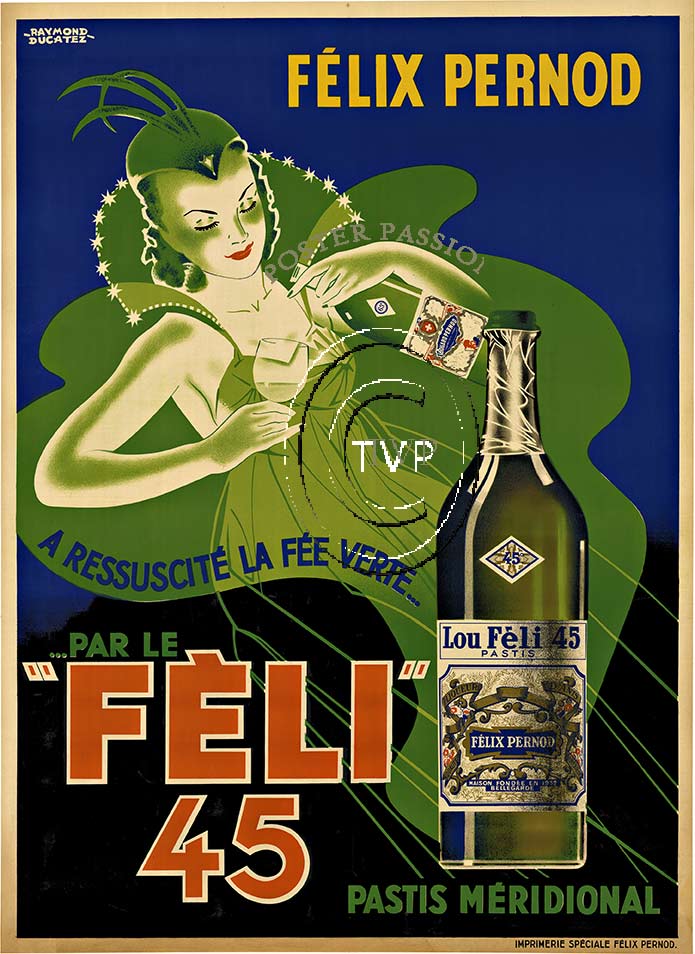 Felix Pernod Patis Meridional - the Green Fairy. A rare image of representing the green fairly associated with Absinthe. A French Pastis liquor poster. <br>Mastered directly from a 1 to 1 file of an original stone lithograph this recreation provides 