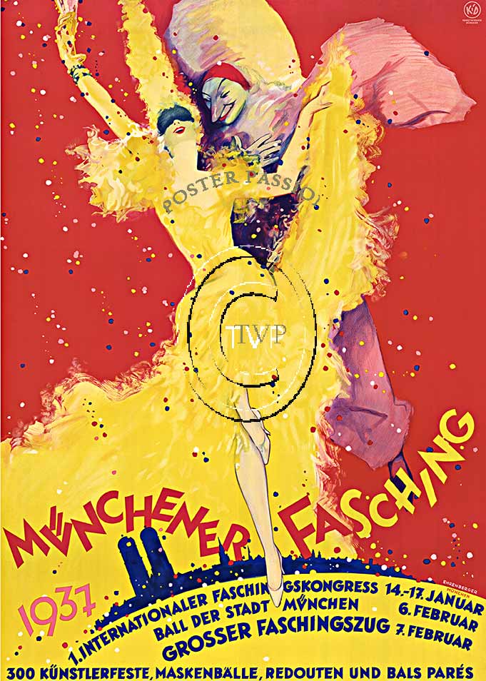 Recreation of the 1937 Munchener Fasching poster. Created for the City of Munich, Germany, the city was known for their costume festival and was the largest Faschingszug in Germany. This is a full bleed image where there is not white boarder. Carni