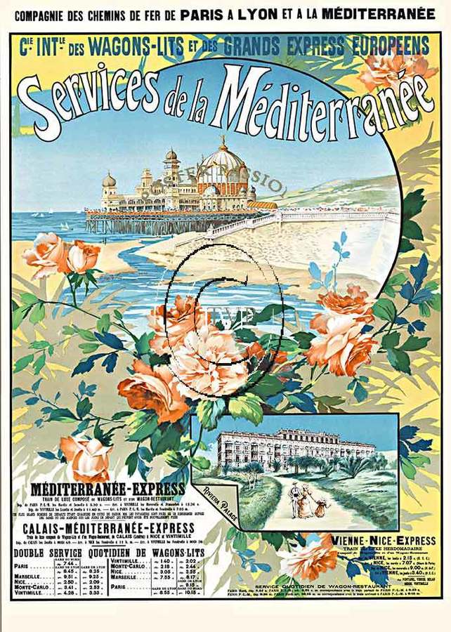 Services de la Mediterranee vintage poster recreation. Travel with P.L.M. To the Mediterranean beaches. Stay ata the Riviera Palace. Created ion 230 gm acid free paper with archival ink.