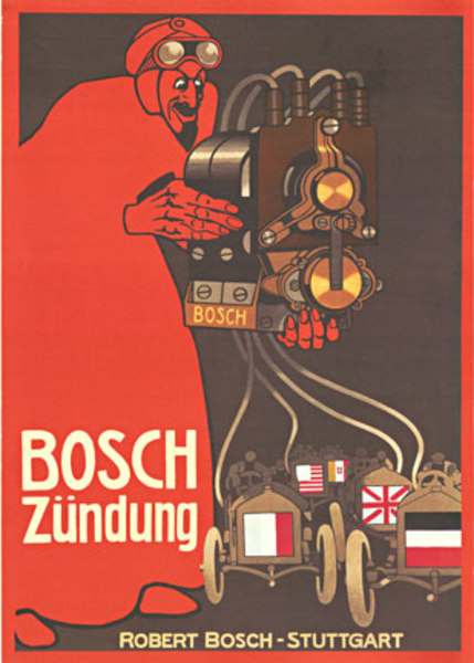 Bosch Zundung. Robert Bosch - Stuttgart Mephisto dates back to 1911. The image of Mephisto was based on the Belgian racing driver Camille Jenatzy, who won many of the races in an early Mercedes. He was known for driving a red duster. This litho