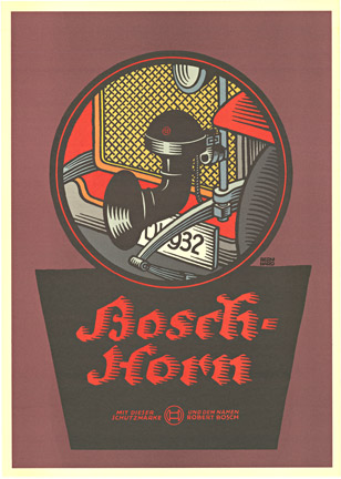 The Bosch horn came onto the market in 1921. The trend setting sound for acoustic horns because it had both a harmonious sound and the desired range. 9 color lithograph printed in Germany. 1 copy only