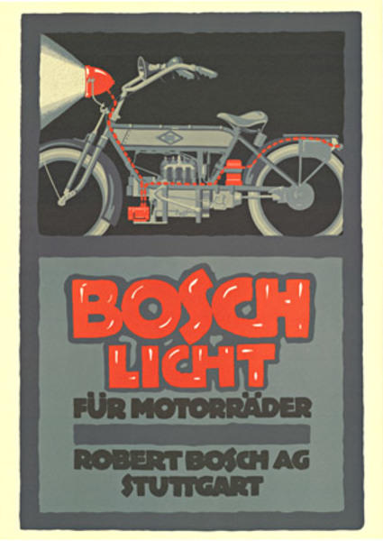 Not only automobiles, but also motorcycles as of 1923 - bicycles had 'Bosch Lights". Each set of headlights were specially developed for the respective type of vehicle. This great early motorcycle image featuring Bosch headlights features the motorc