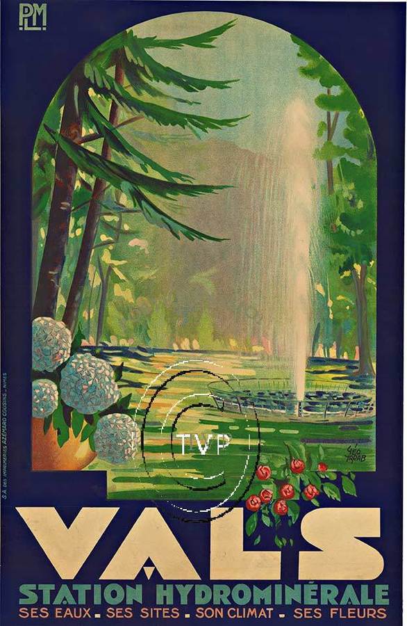 VALS Station Hydrominerales. Recreation mastered directly from a rare original stone lithograph of this 1930's spa poster. <br>Mastered directly from a 1 to 1 file of an original stone lithograph this recreation provides you with all the fine details t