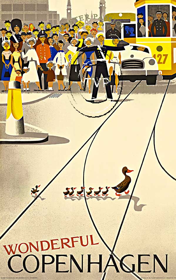 One of the iconic Danish vintage poster recreations "Wonderful Copenhagen" featuring a mother duck walking across a busy street with her duckling babies. The traffic policeman has halted everyone to make sure that she has a safe trip across the street.