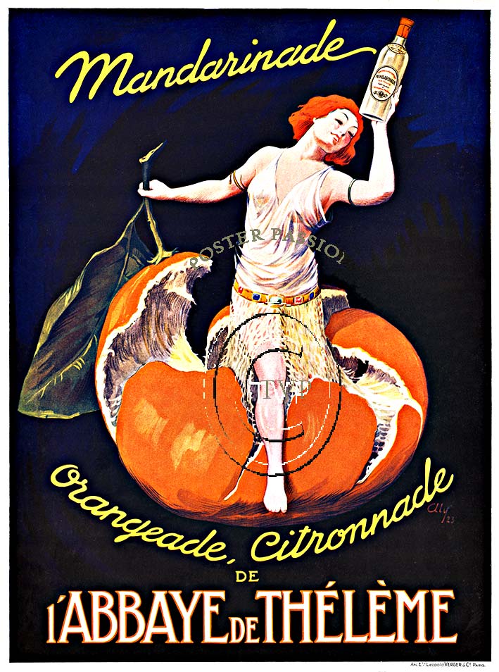 Recreation of a rare original French liquor poster Mandarinade Orangeade, Citronnade; l'Abbaye de Theleme stonelithograph created in 1923. A woman is born out of a mandarine holding a bottle of this citrus liquor. Beautiful kitchen image. <br>Master