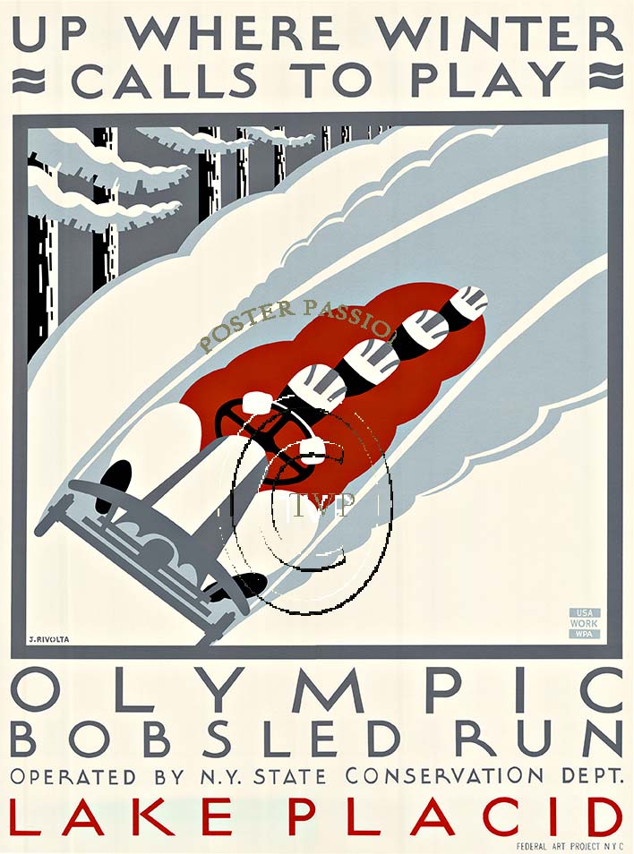 Reproduction of the Olypic Bobsled Run at Lake Placid; Up where winter class to play. Operated by the N.Y. State Conservation Dept. Federal Art Project, [between 1936 and 1941]. Poster promoting winter This recreation provides you with all the fine de