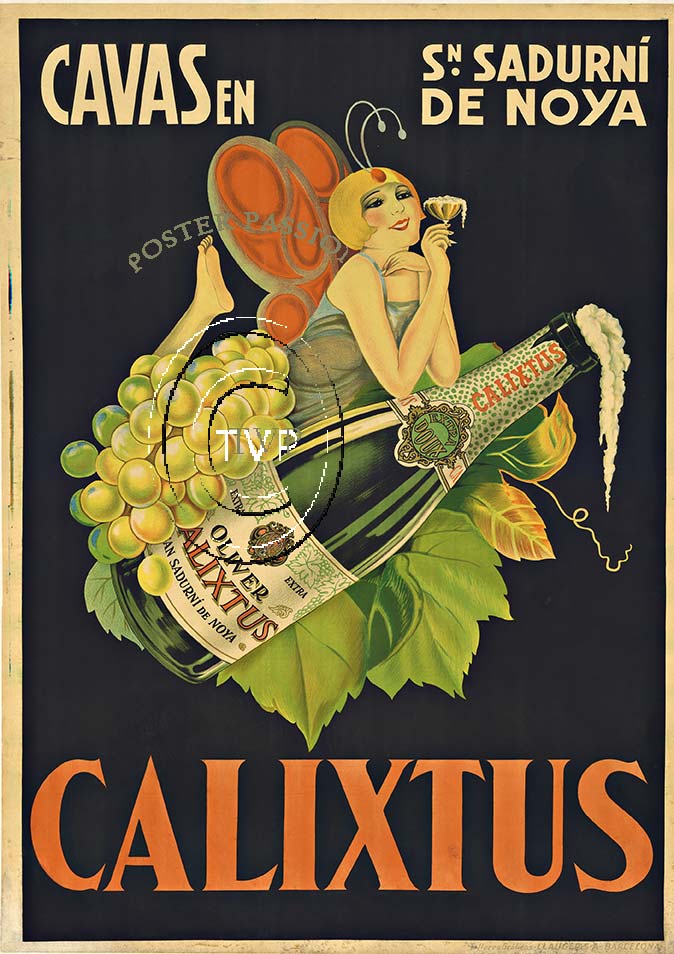 Rare Spanish Cava (champagne) sparking wine; recreation mastered directly from the original stone lithograph with all the details and quality of the original. CALIXTUS CAVAS art deco liquor poster features a lady as a butterfly sipping on a glass of thi