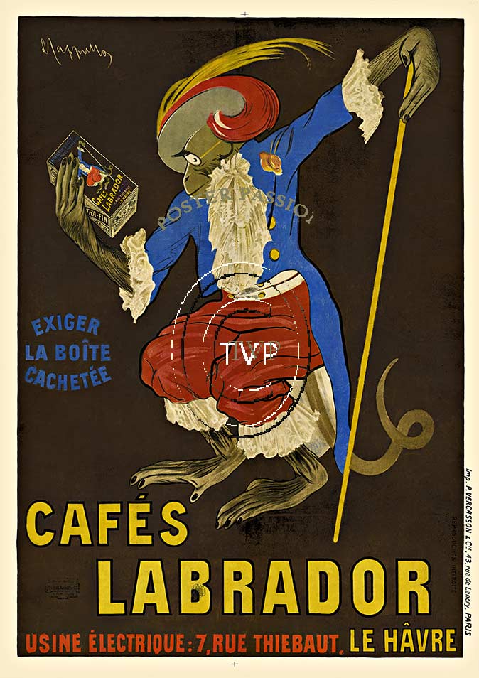 Recreation mastered directly from the original stone lithograph of Cappiello's Cafes Labrador. Who, but Cappiello could create a design with a formally dressed monkey would be selling coffee to the French. The black marks along the bottom of the mon