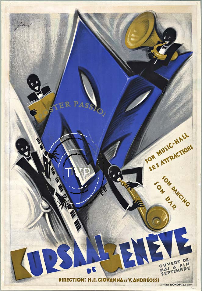 Recreation mastered Kursaal Geneve art deco jazz poster. Art deco design with black jazz musicians playing various intruments with a large music sheet in the center with a happy face. <br>Mastered directly from a 1 to 1 file of an original stone lithogr