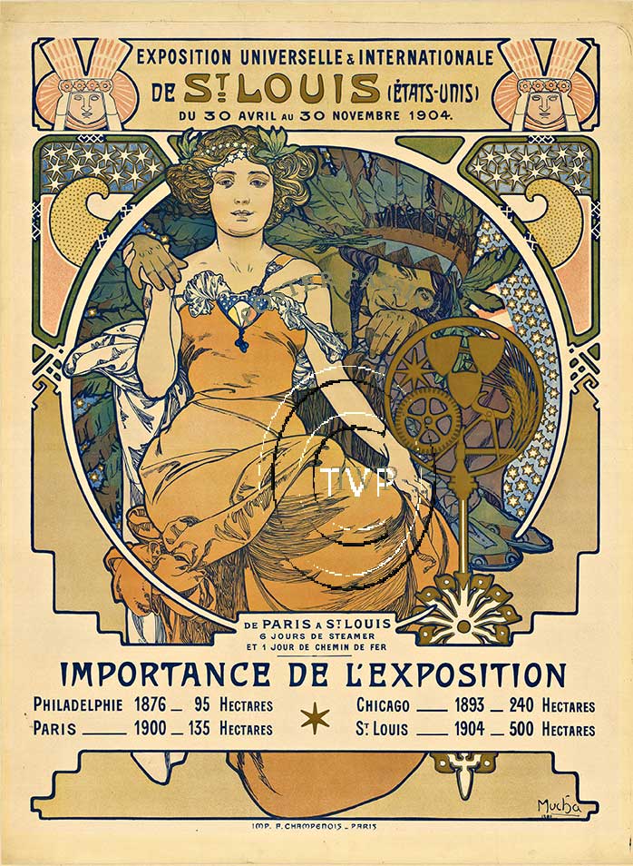 Recreation of the famous 1903 design for the 1904 Saint Louis World's Fair. The poster naturally features a beautiful woman in the art nouveau style of Mucha and behind her is an American Indian chief in full head dress. Stars and fine detail is show