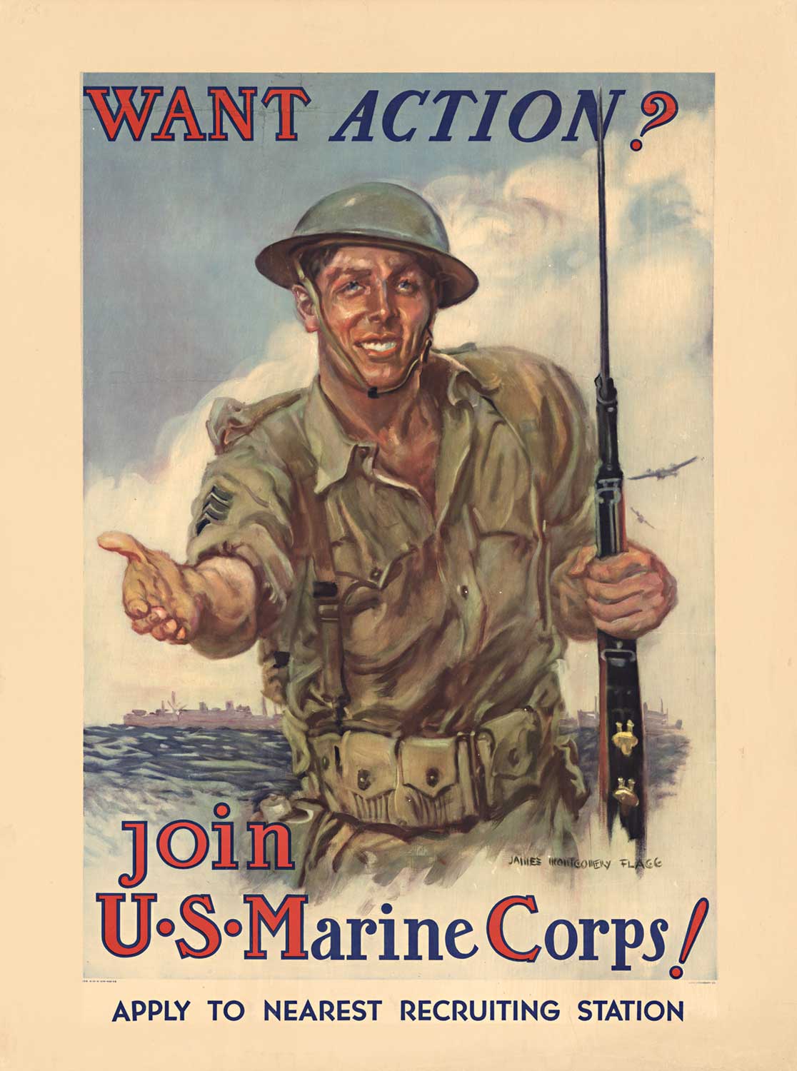 James Montgomery Flagg - Join U.S. Marine Corps Want Action? - Archival Ink Print - 30" x 40"