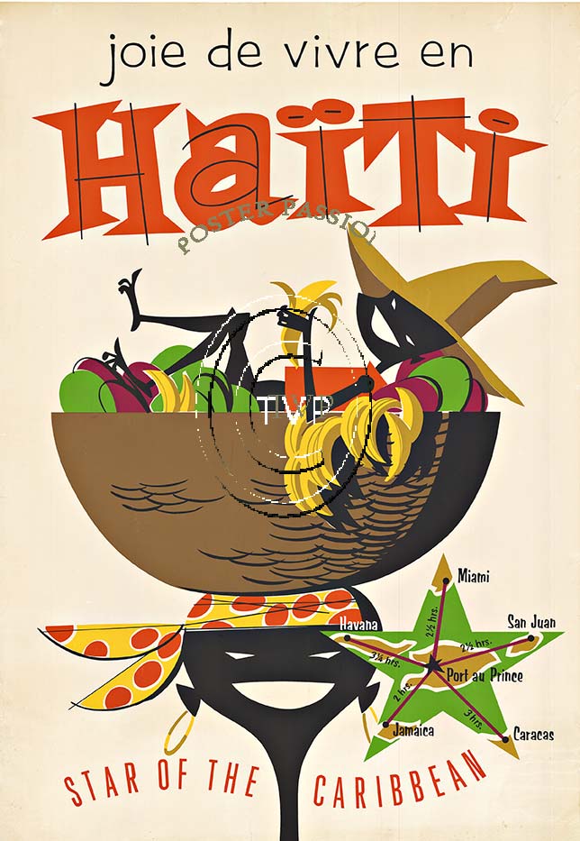 The poster boast that it is the joy of living in the star of the Caribbean, the island of Haiti. <br>This poster may have been deemed politically incorrect having the wife carry the man in the coconut bowl on top of her bandana wrapped head while he e